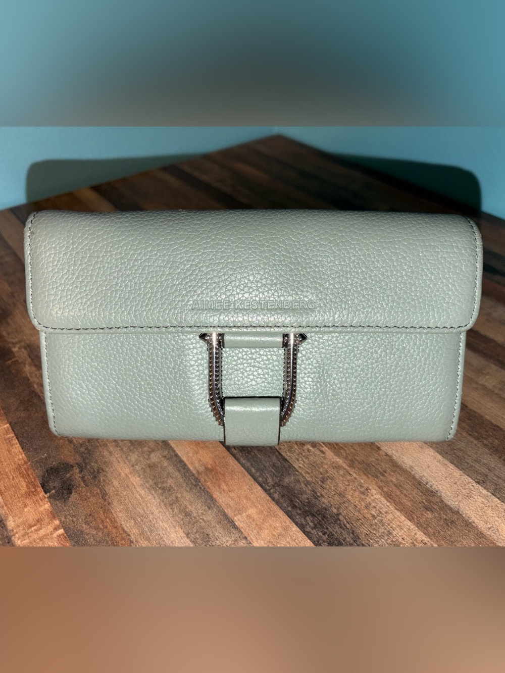 Aimee Kestenberg Mint Pebbled Leather Wristlet Clutch